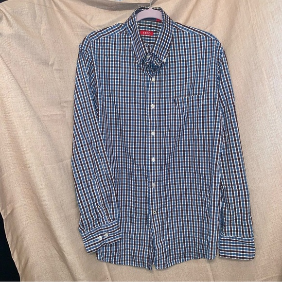 👔 Men's IZOD Brown Blue & White Plaid Button Long Sleeve Shirt size Large - Picture 1 of 4